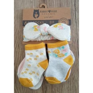 Rabbit bear organic floral 6-pairs socks & bow (0-6M)
