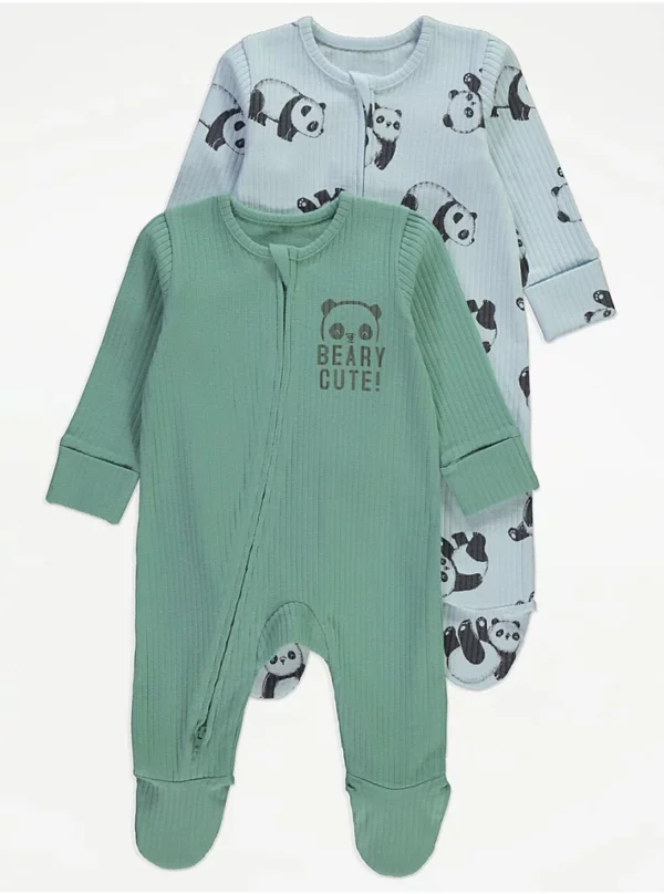 George ribbed panda zip sleepsuits 2 pack