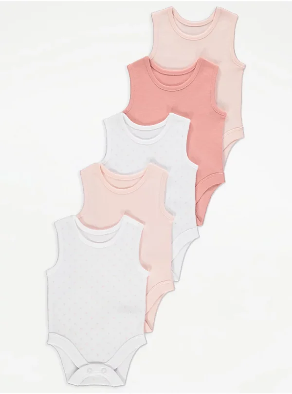 Pink Heart Print Sleeveless Bodysuits 5 Pack