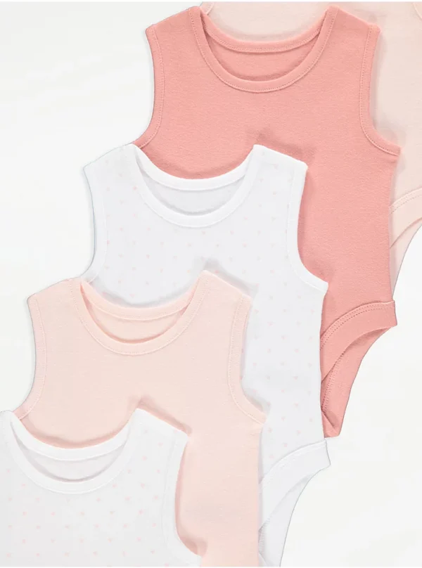 Pink Heart Print Sleeveless Bodysuits 5 Pack - Image 2