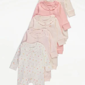 George Pink Floral Frill Collar Footless Sleepsuits 5 Pack