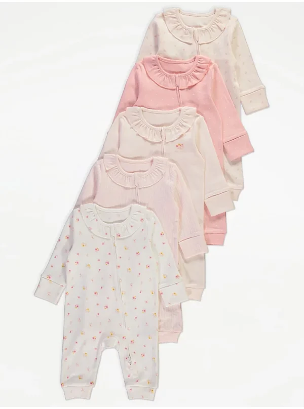 George Pink Floral Frill Collar Footless Sleepsuits 5 Pack