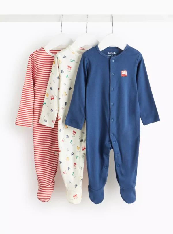 Stripe & Car Print Sleepsuit 3 Pack