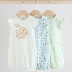 Blue Bunny Embroidered 3 Pack Frill Shoulder Baby Rompers