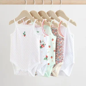 White Strawberry 5 Pack Vest Baby Bodysuits