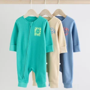 Blue 3 pack Baby Two Way Zip Footless Cotton Sleepsuits