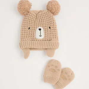 brown teddy bear bobble hat and mittens set