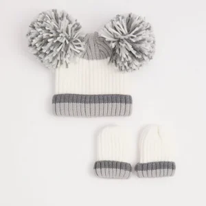 brown teddy bear bobble hat and mittens set