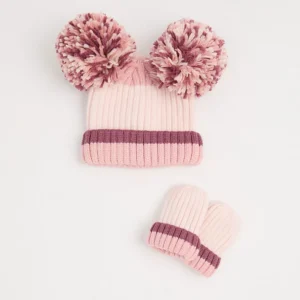 grey stripe knitted bobble hat and mittens set (6 12 months)