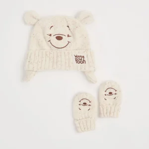 grey stripe knitted bobble hat and mittens set (6 12 months)