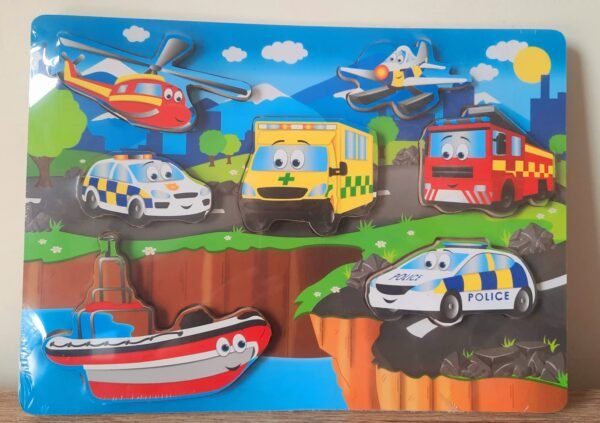Wooden jigsaw puzzle for toddler, emergency vehicle toy