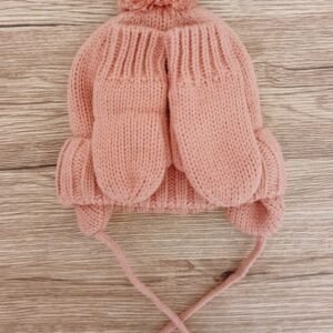 H&M baby pink knitted hat with mittens  (9-12m)