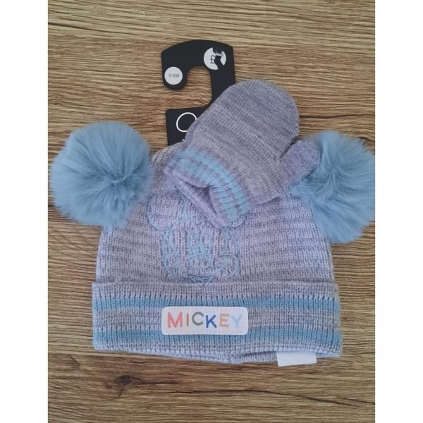 Primark Blue Grey  Colour Pom Pom  mickey mouse Hat and Mittens Set  (0-6M)