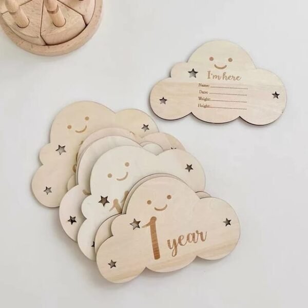 baby 1-12 month wooden cloud milestones , double sided beige