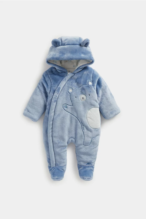 Mother care blue fluffy open feet pramsuit