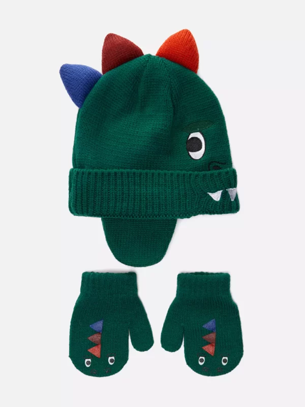 Dinosaur knitted hat with mitten set (0-6M)