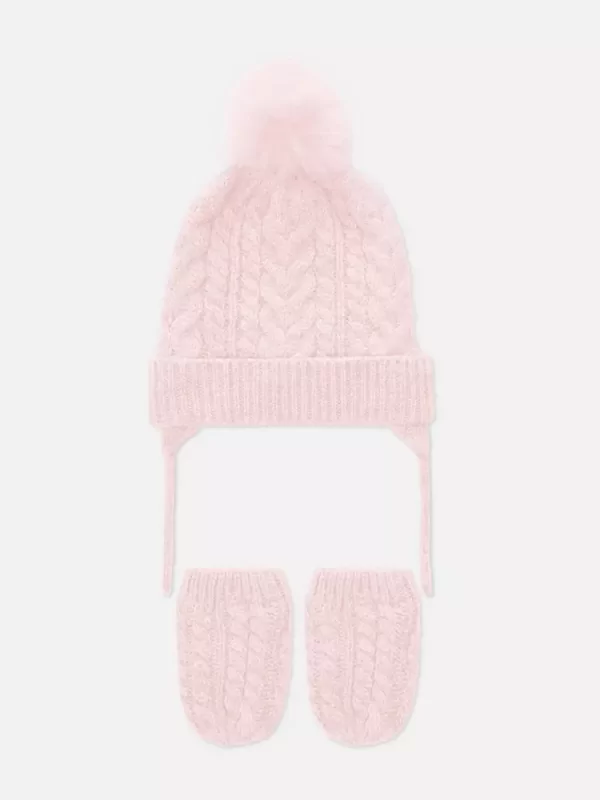 Primark pink knitted hat with mittens (12-24M)